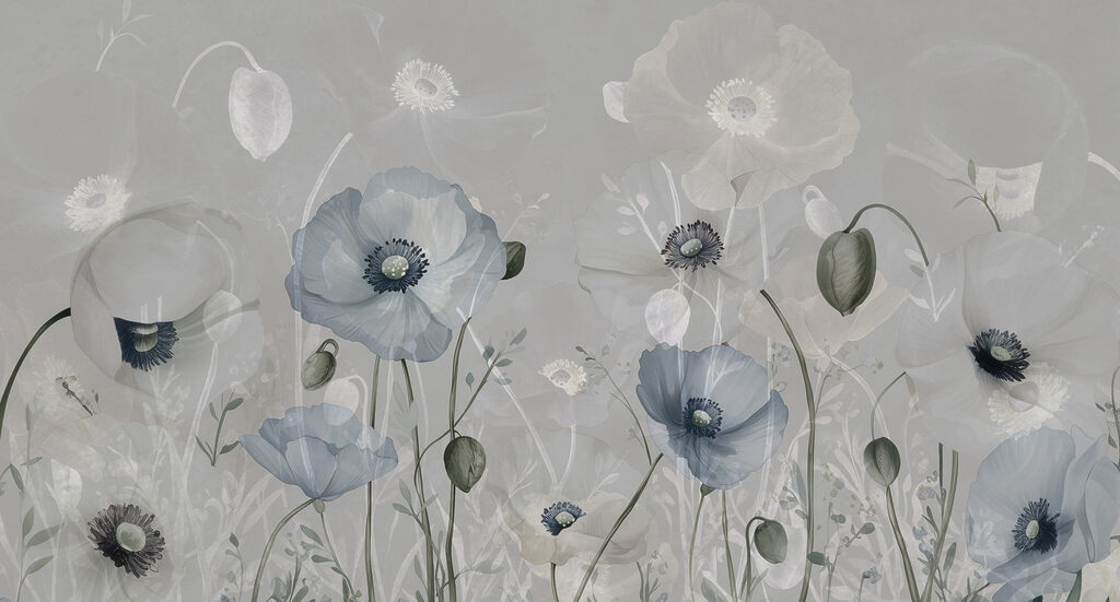 Flores blancas en niebla — diseño completo