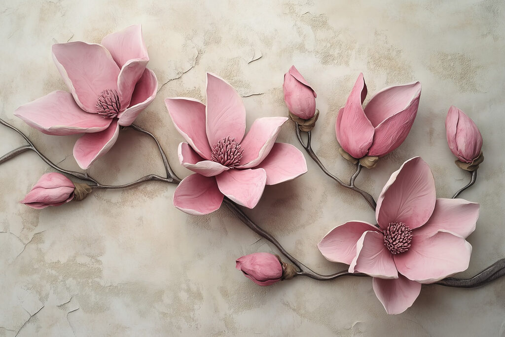 Magnolias sobre muro beige — diseño completo