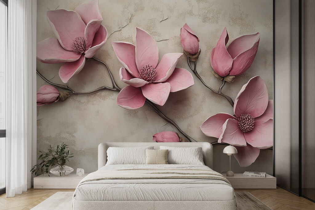 Magnolias sobre muro beige en un interior