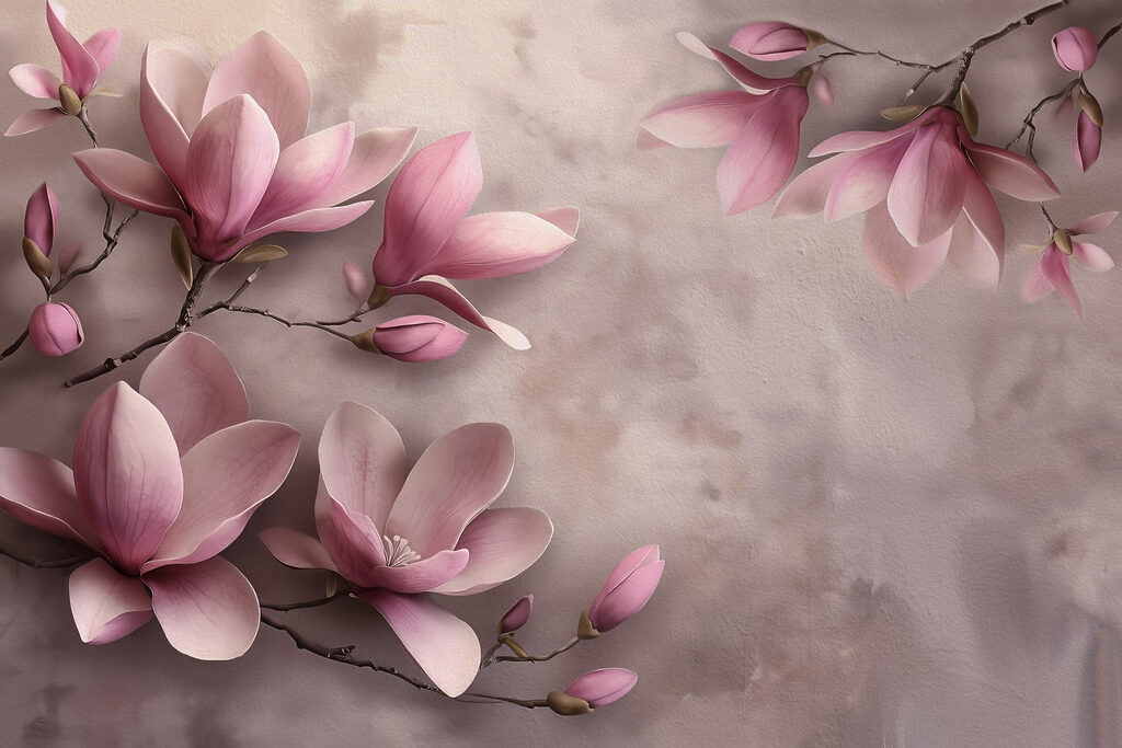 Magnolia rosa en ramas — diseño completo