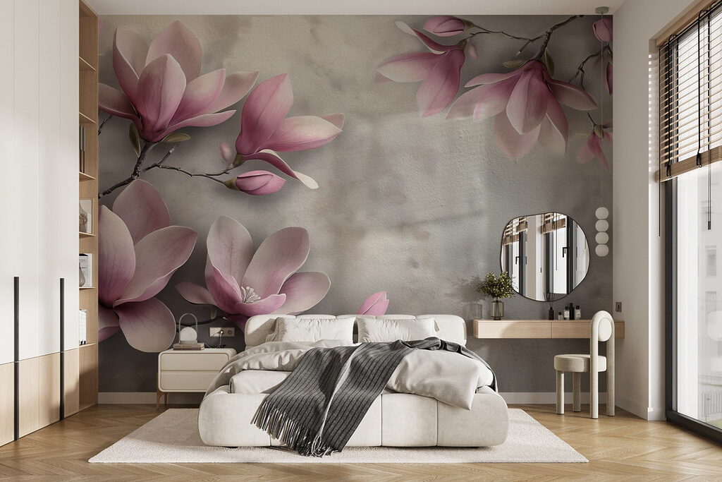 Magnolia rosa en ramas en un interior