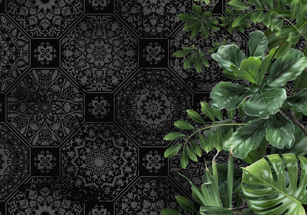 Hojas verdes y ornamentos — diseño completo