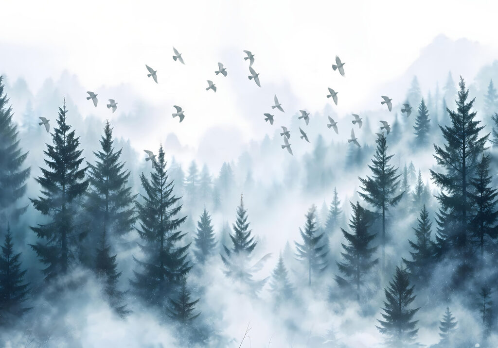 Aves sobre el pinar — diseño completo