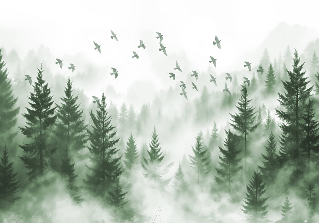 Aves sobre el pinar — diseño completo