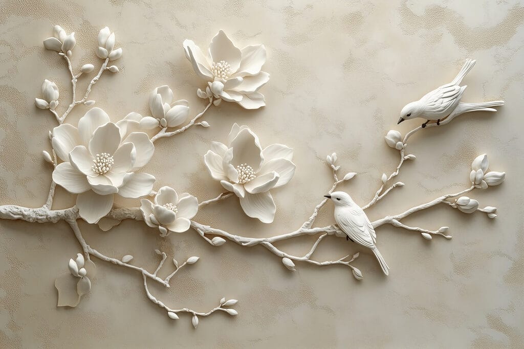 Pájaros en ramas floridas — diseño completo