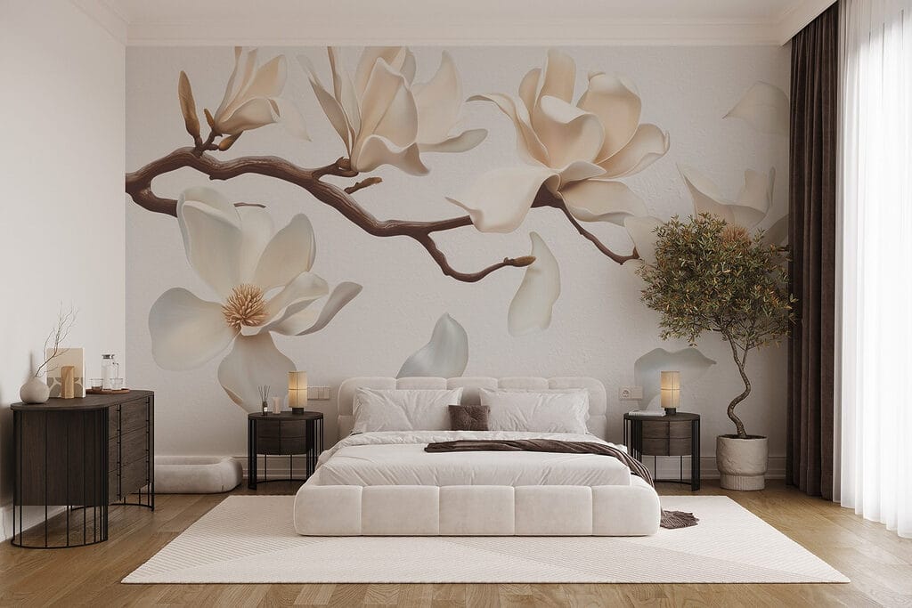 Ramas con flores blancas en un interior