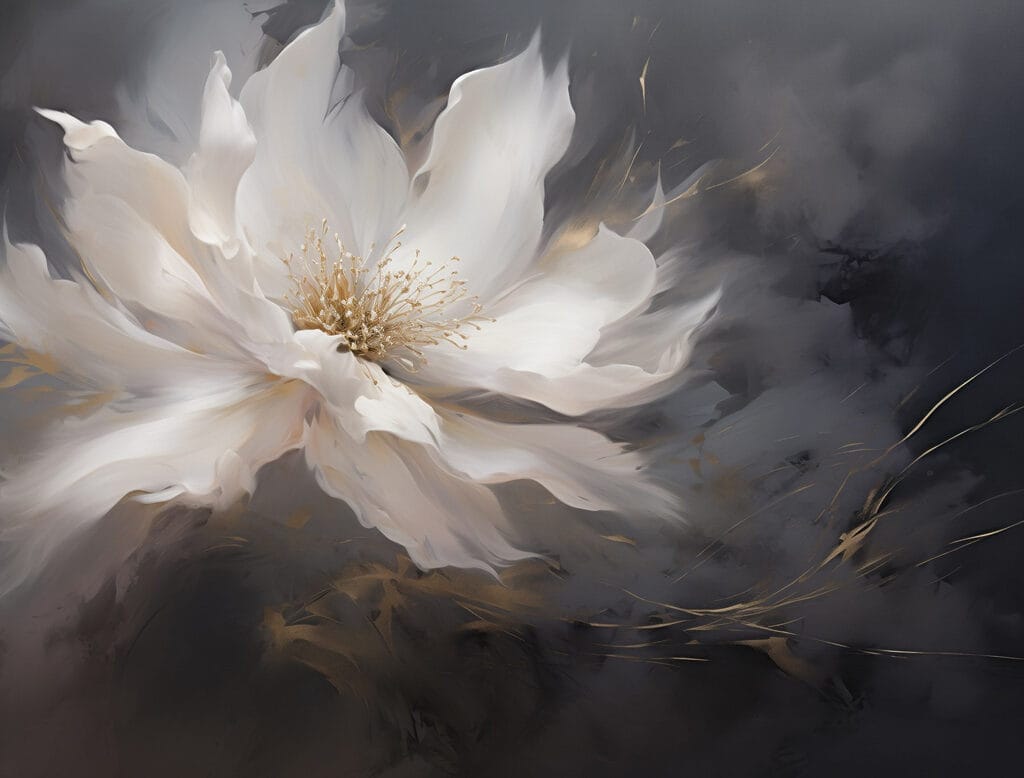 Flor blanca en penumbra — diseño completo