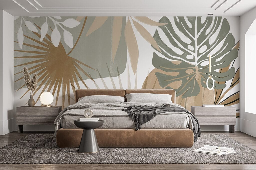 Hojas tropicales gráficas en un interior