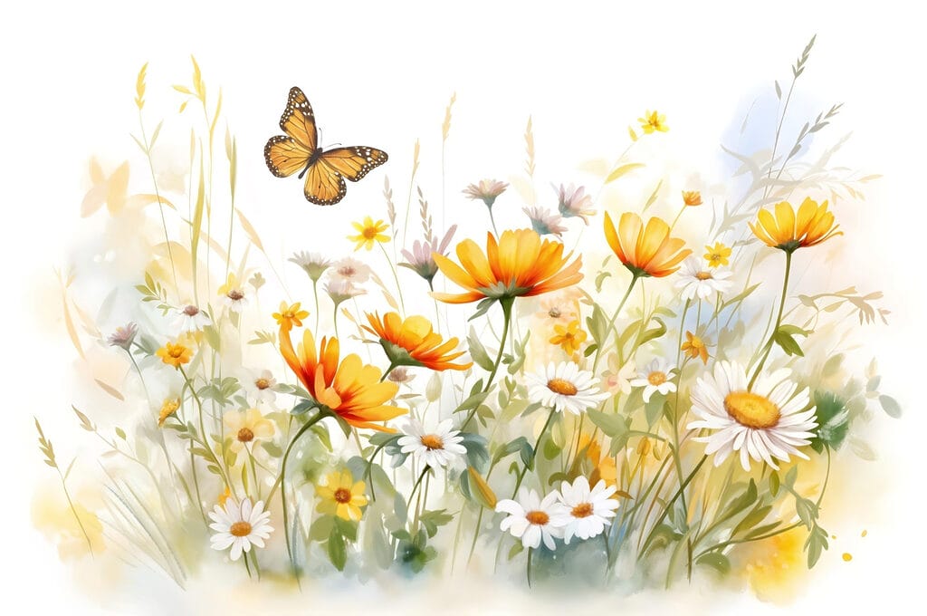 Mariposa sobre flores silvestres — diseño completo