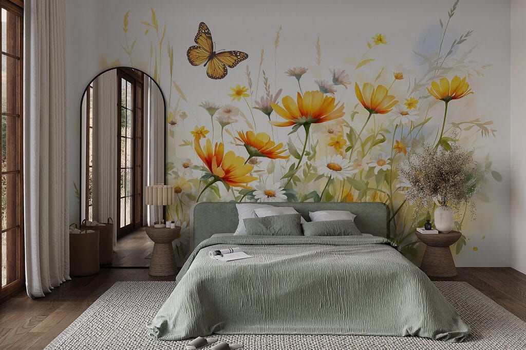Mariposa sobre flores silvestres en un interior