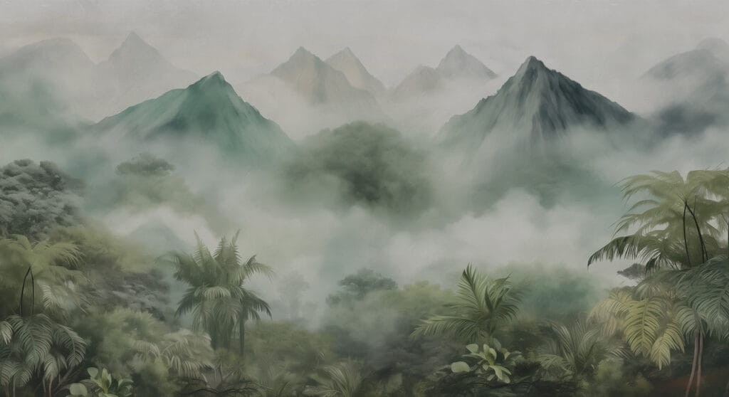Bosque tropical con niebla — diseño completo
