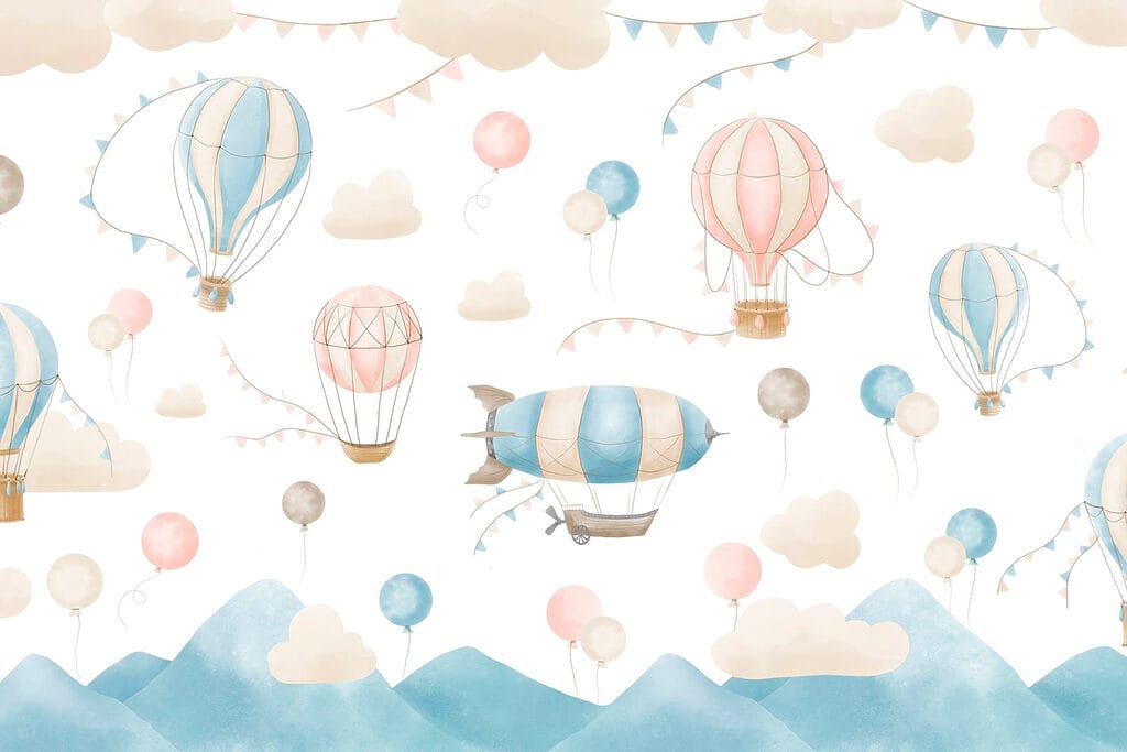 Globos sobre montañas — diseño completo