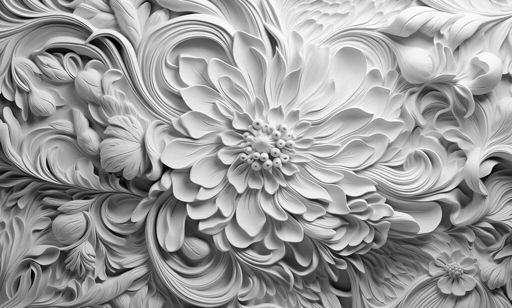 Flores blancas con volutas — diseño completo