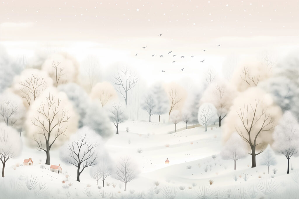 Colinas nevadas con aves — diseño completo