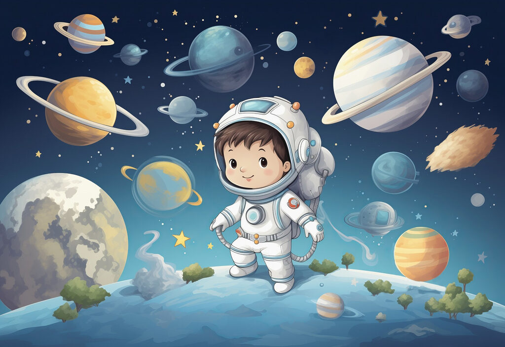 Astronauta entre planetas — diseño completo