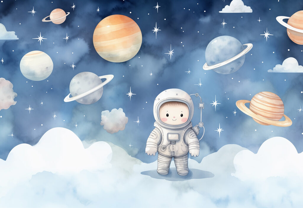 Astronauta sobre nubes blancas — diseño completo