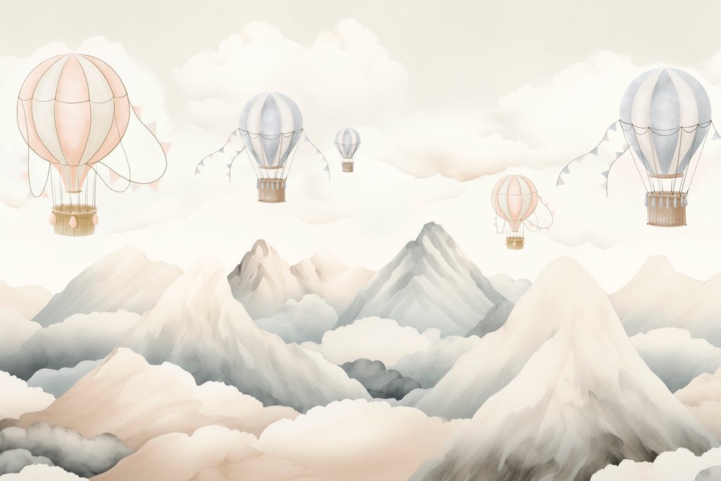 Globos sobre montañas blancas — diseño completo