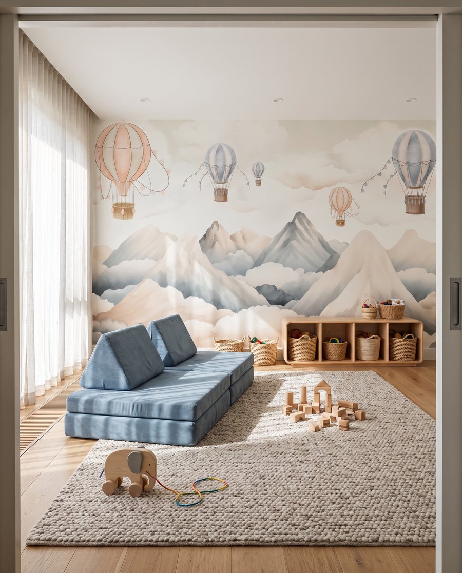 Globos sobre montañas blancas en un interior