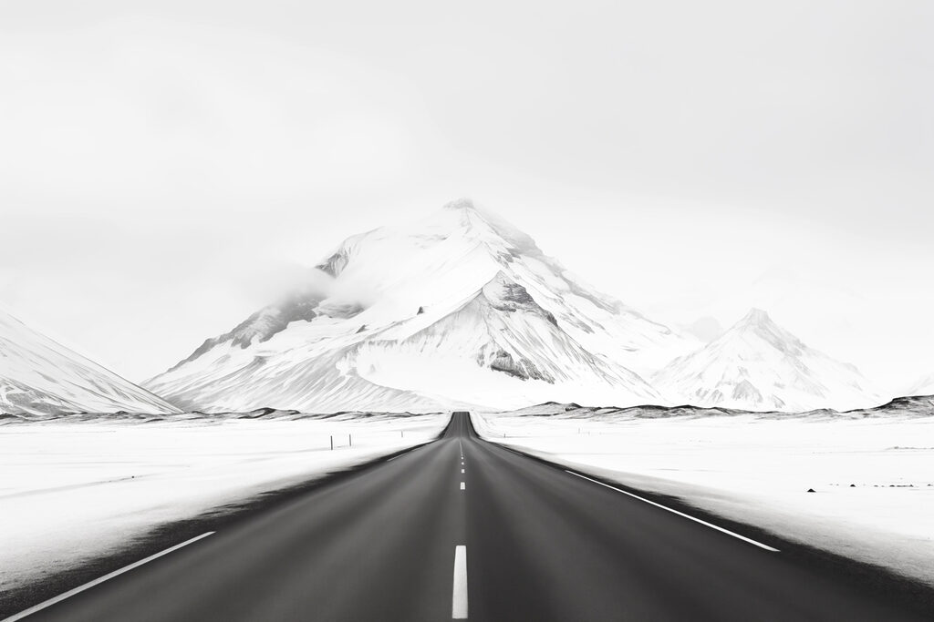 Camino entre montañas nevadas — diseño completo