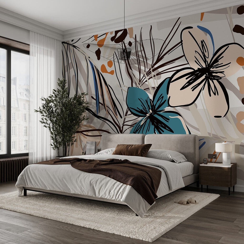 Flores tropicales con contornos en un interior
