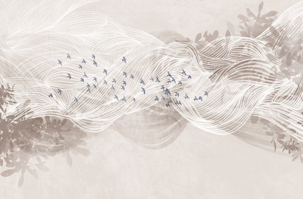 Pájaros entre ondas blancas — diseño completo