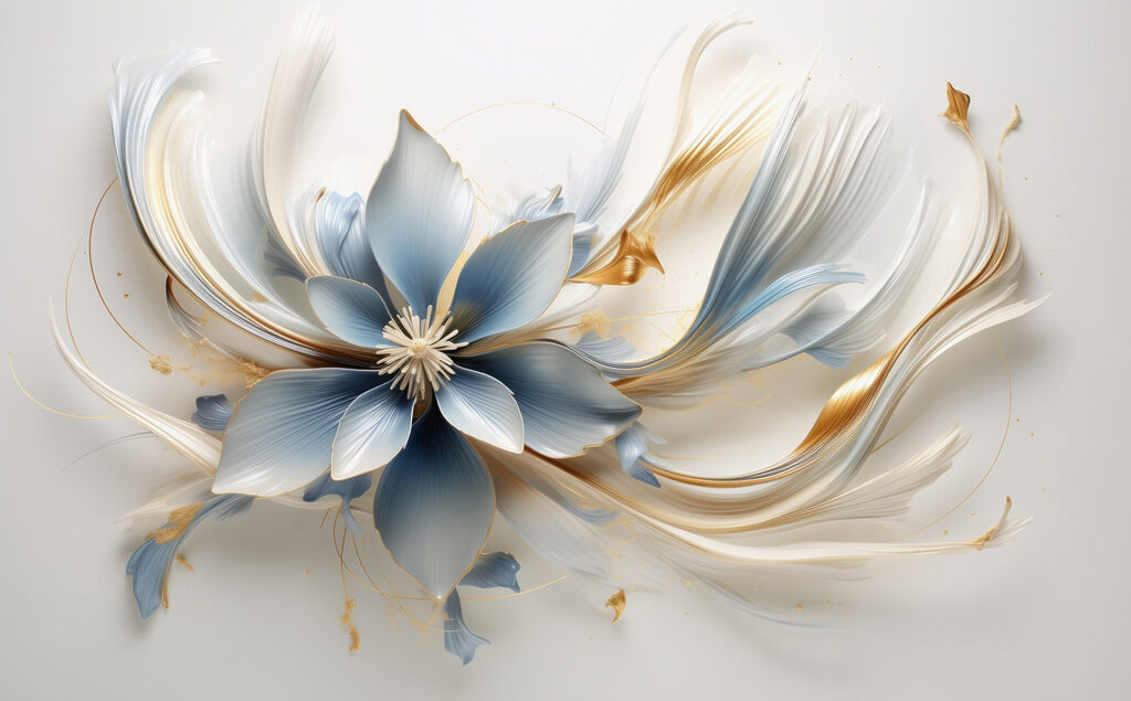 Flor azul, cintas doradas — diseño completo