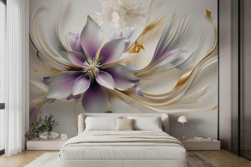 Flor azul, cintas doradas en un interior