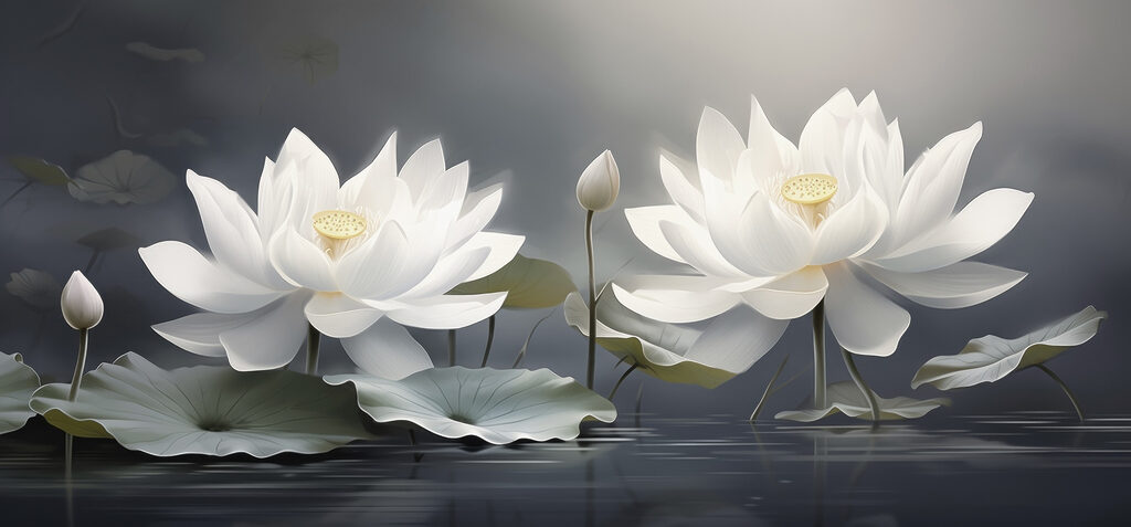 Lotos blancos, agua oscura — diseño completo