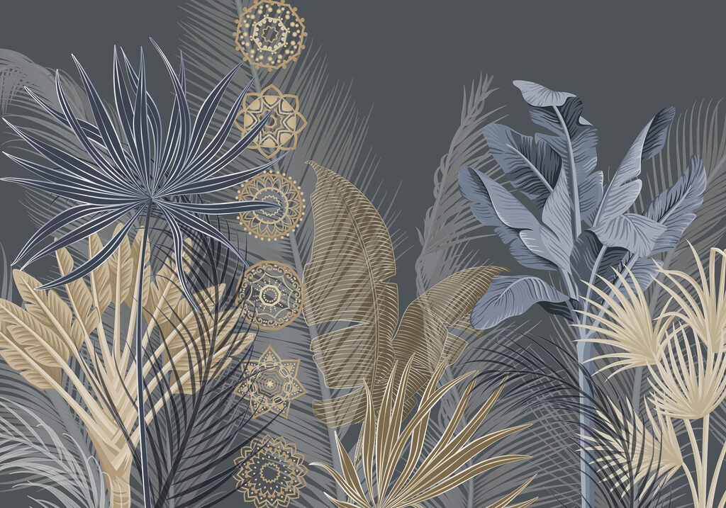 Hojas tropicales y círculos — diseño completo