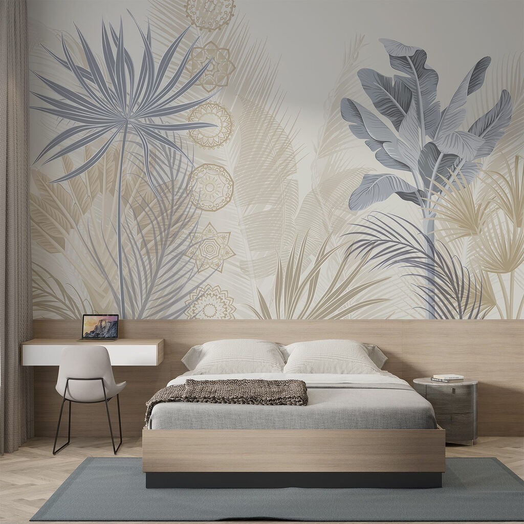 Hojas tropicales y círculos en un interior