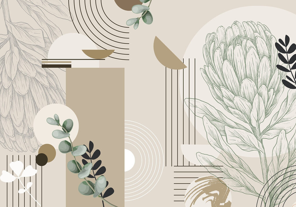 Flores lineales entre arcos — diseño completo