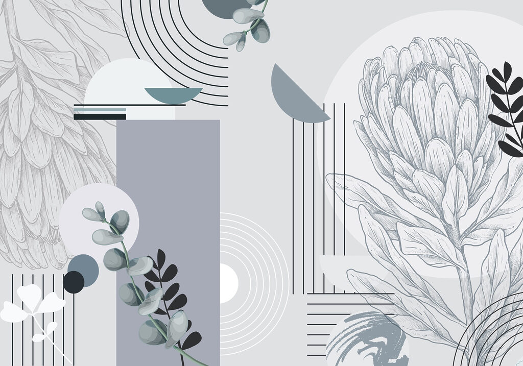 Flores lineales entre arcos — diseño completo