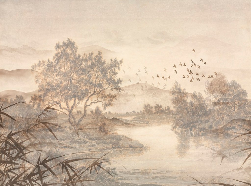 Orilla tranquila de río — diseño completo