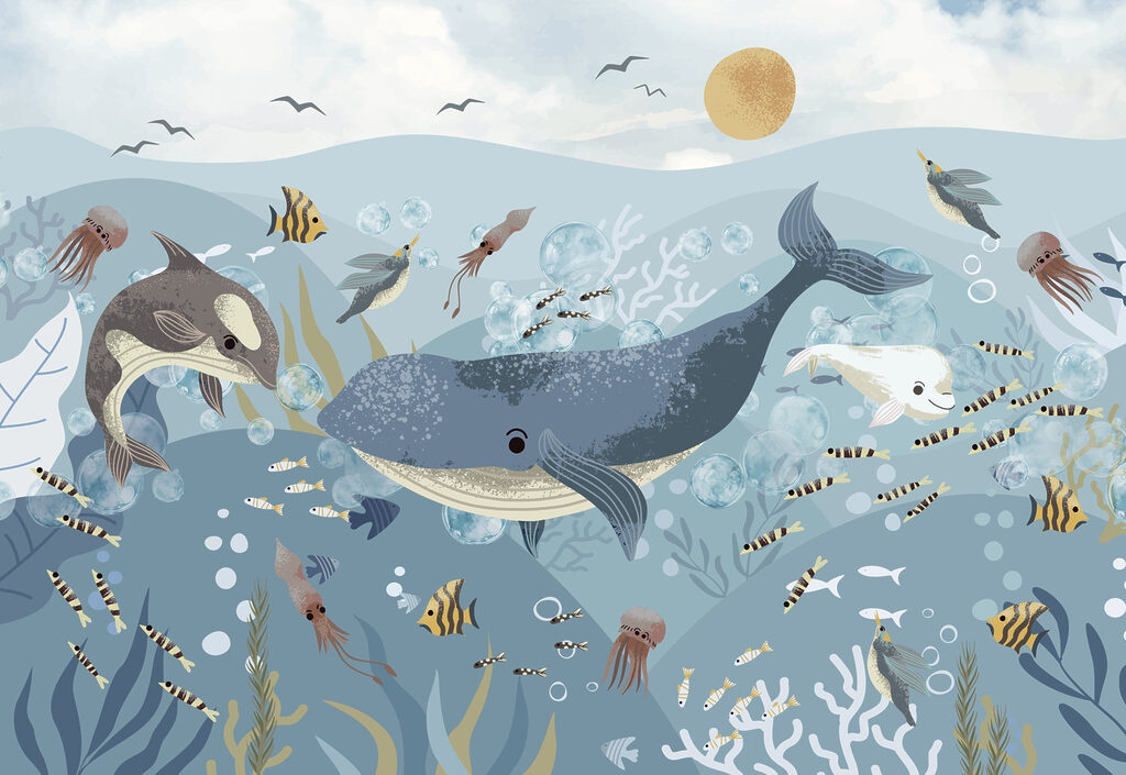 Ballena entre pequeños peces — diseño completo