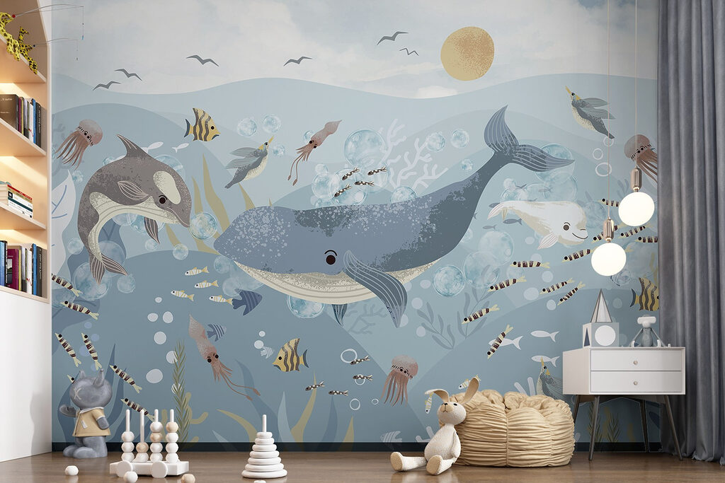 Ballena entre pequeños peces en un interior