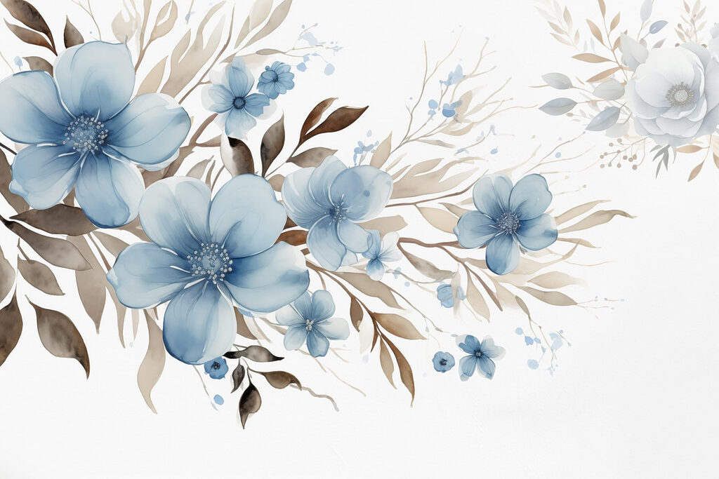 Flores azules con ramas — diseño completo
