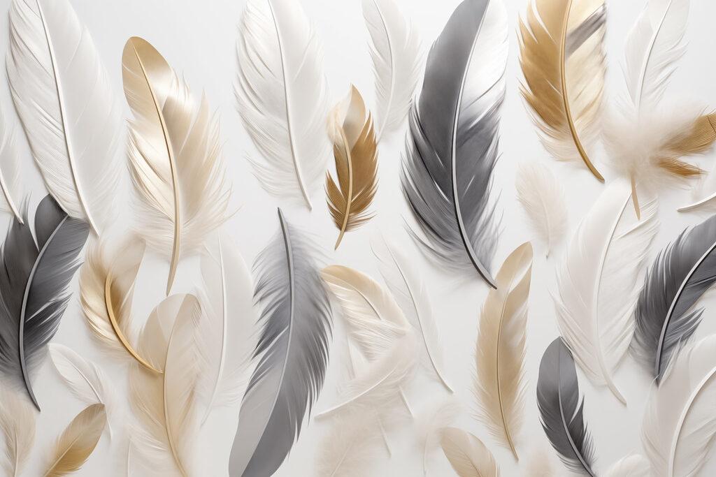 Plumas doradas y grises — diseño completo