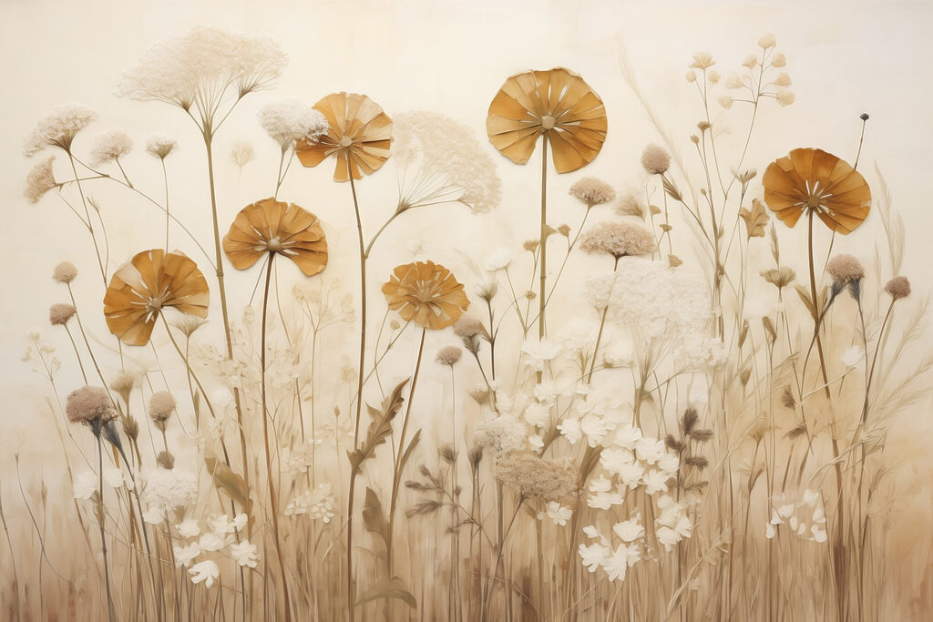 Flores doradas sobre hierba — diseño completo