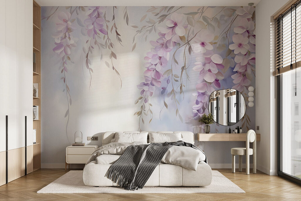 Flores lilas que caen en un interior