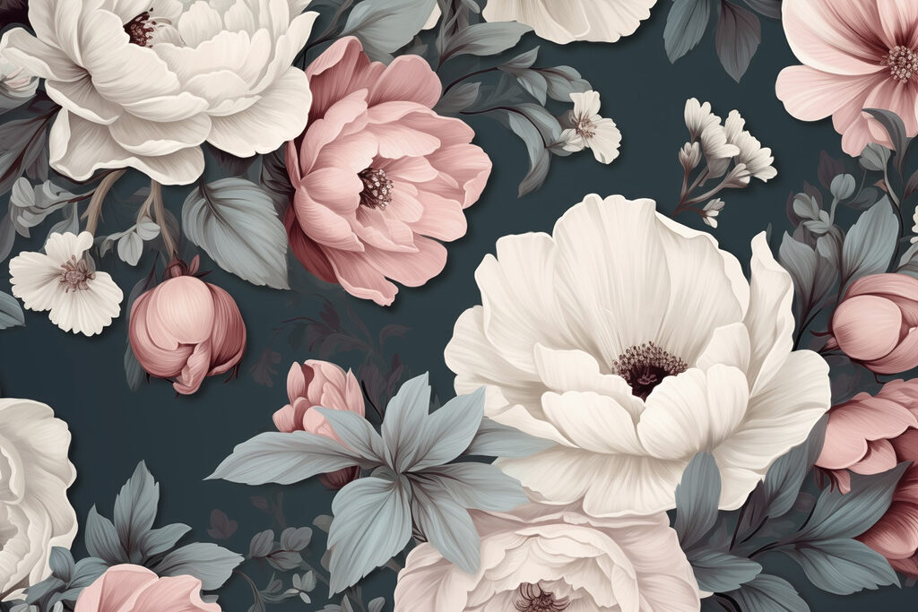 Peonías rosas, azul petróleo — diseño completo
