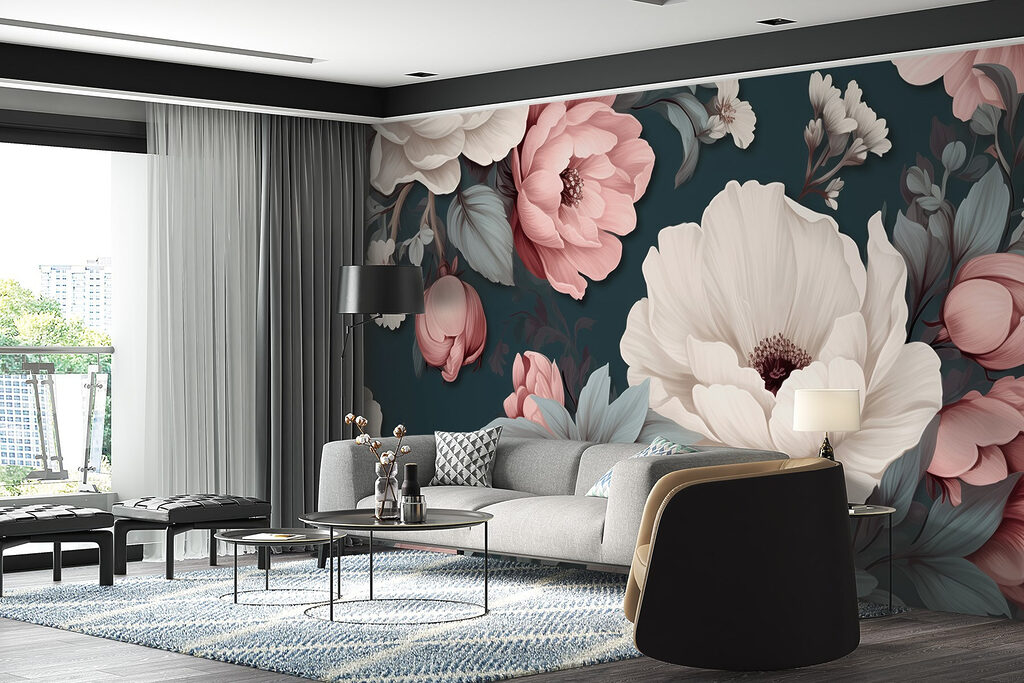 Peonías rosas, azul petróleo — interior 3