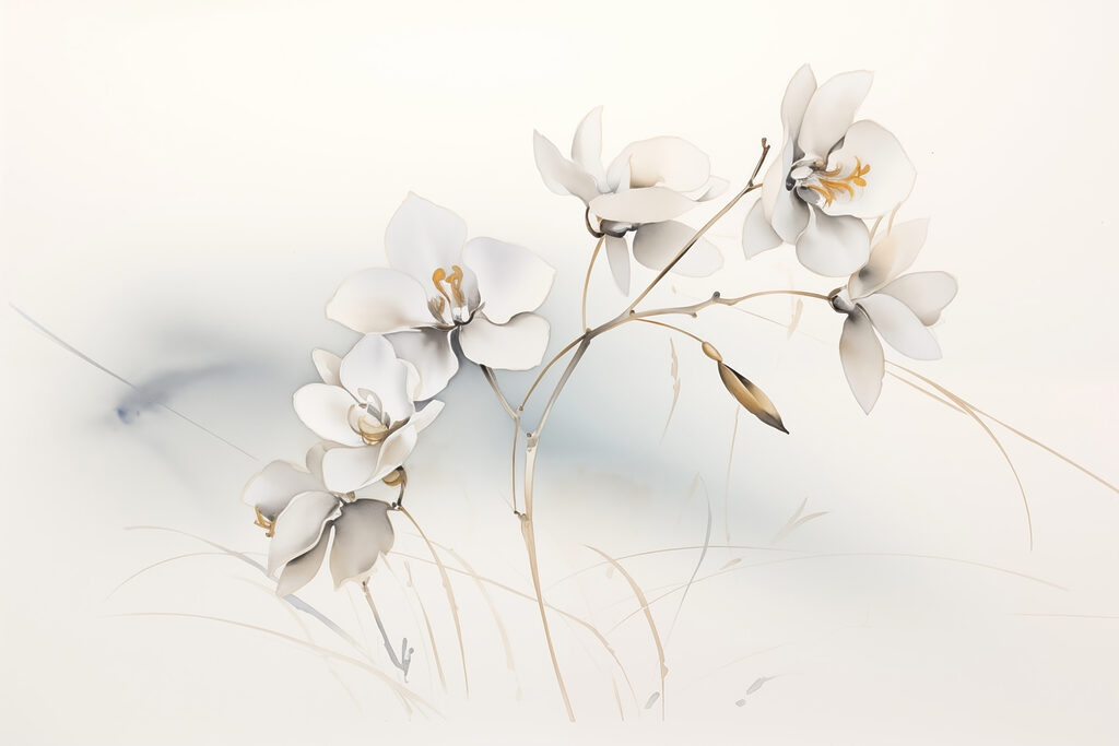 Flores blancas, ramitas doradas — diseño completo