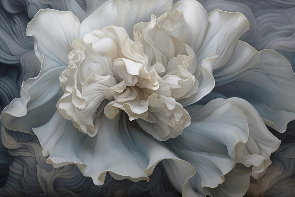 Flor blanca, olas azules — diseño completo