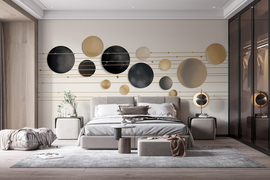 Esferas doradas sobre líneas — interior 1