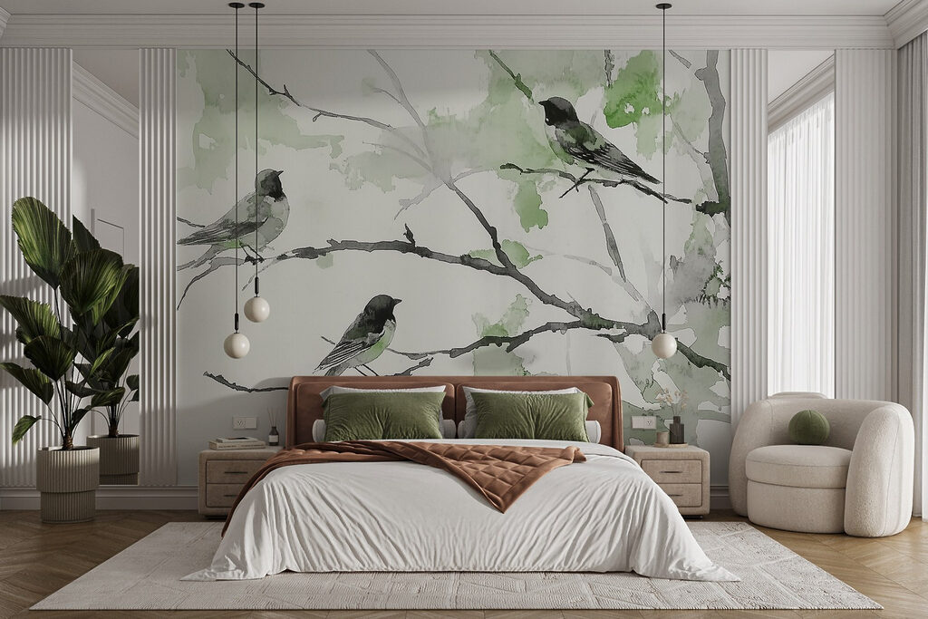 Tres pájaros en acuarela en un interior