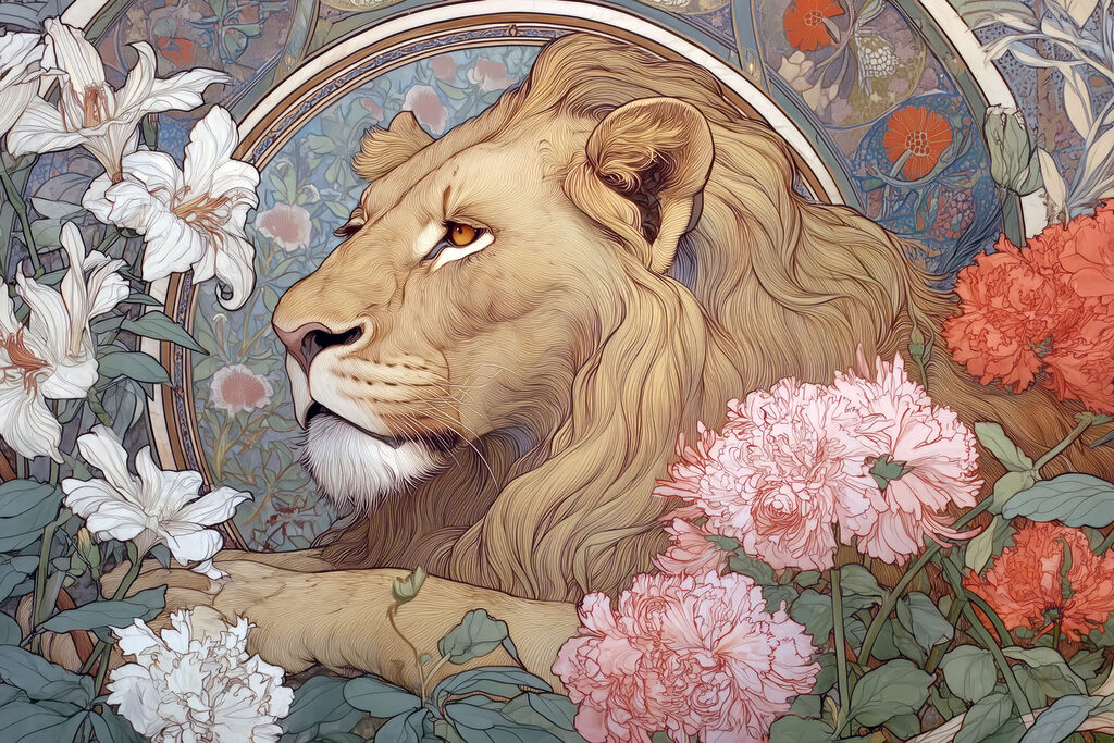 León entre flores elegantes — diseño completo