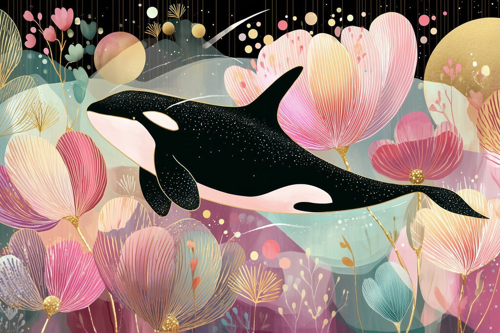 Orca entre flores rosas — diseño completo