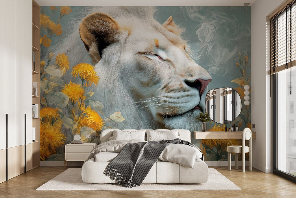 León blanco entre flores — interior 1