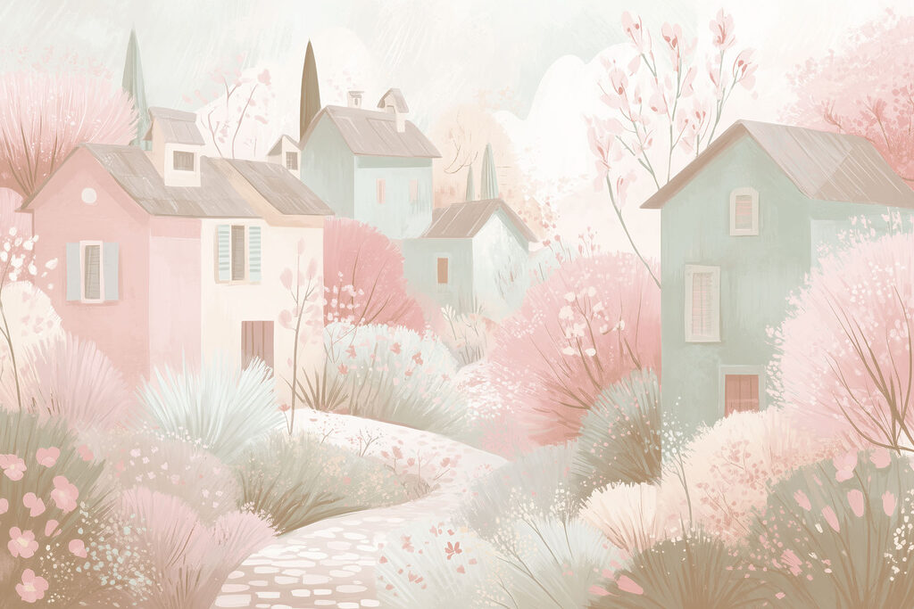 Casitas pastel entre flores — diseño completo