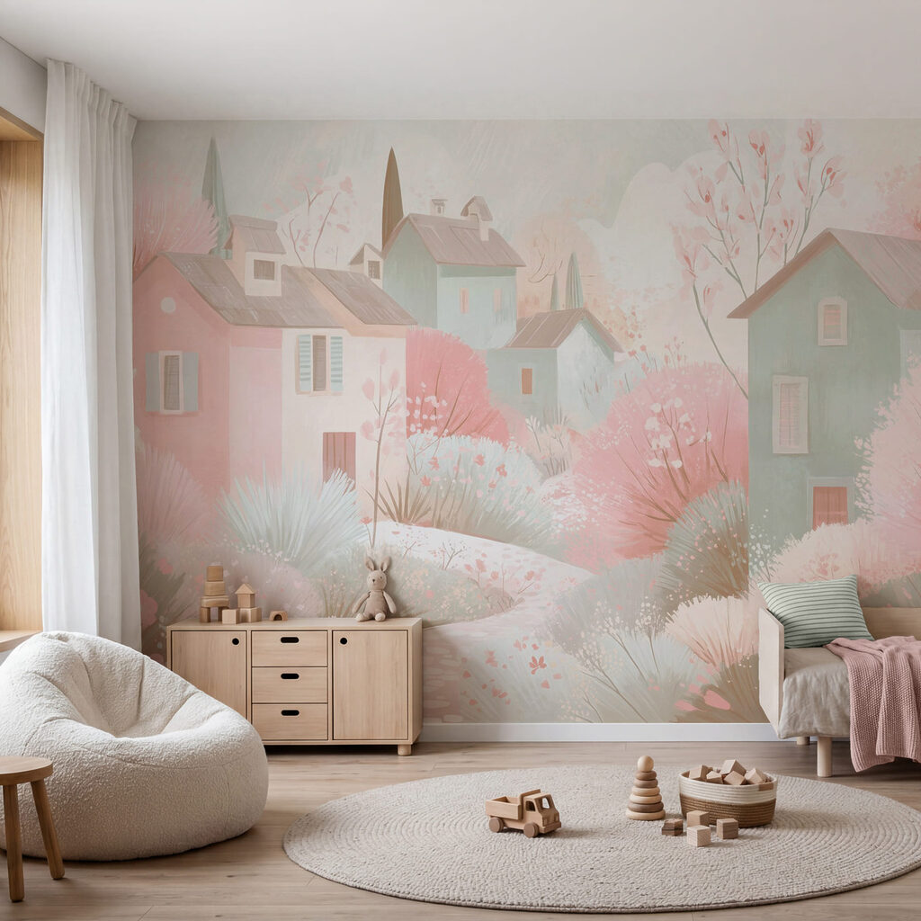 Casitas pastel entre flores en un interior
